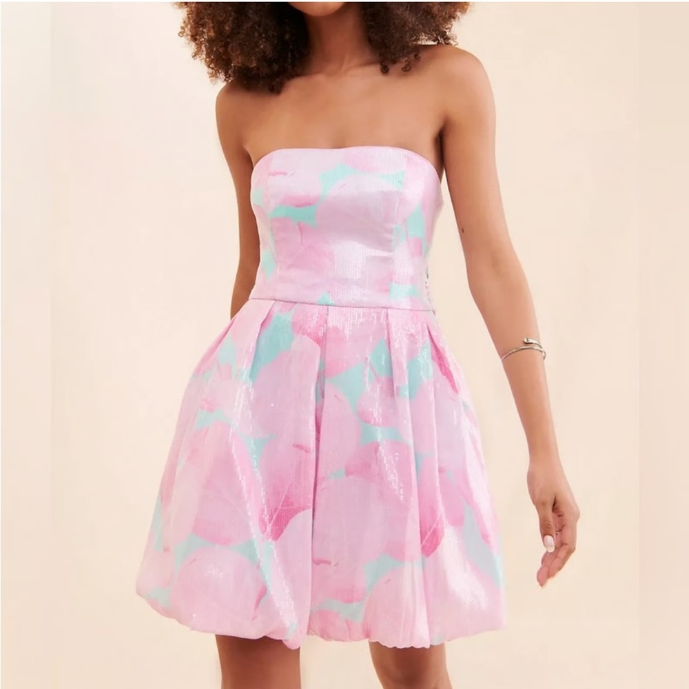 Hutch $319 Aqua Balloon Mini Dress Sequin Floral Pastel Bubble Hem Tie Back EUC